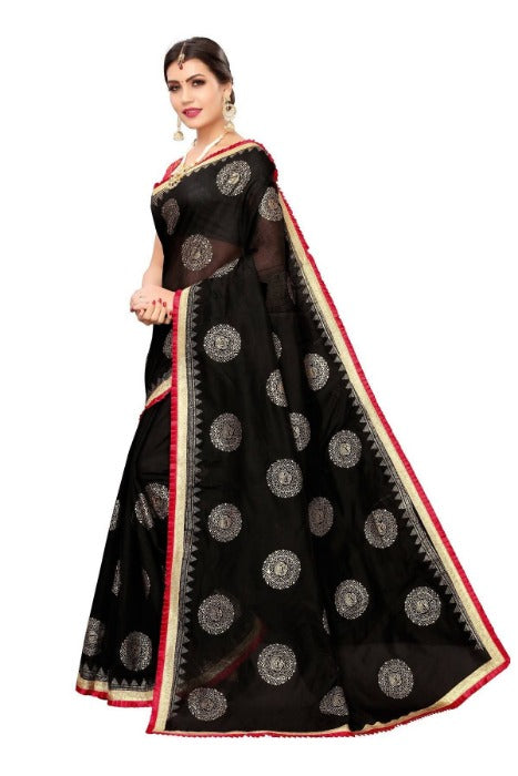 Vamika Chanderi Cotton Foil Print Black Sarees