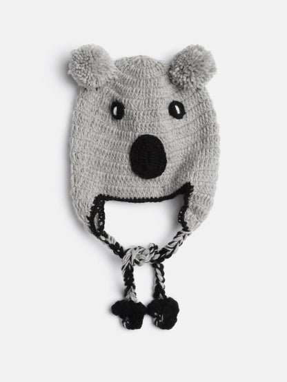 Chutput Kids Woollen Hand Knitted Kuala Bear Detail Cap - Grey - Distacart