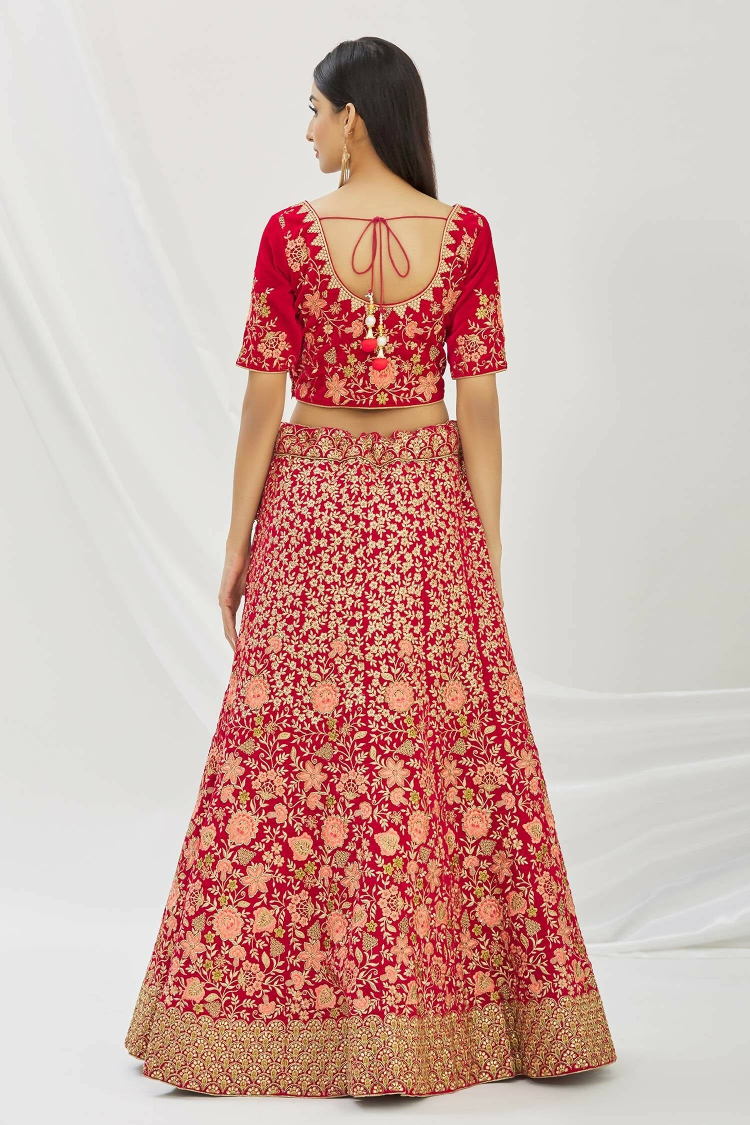 Red Velvet Semi-Stitched Wedding Bridal Lehenga - Nimaya - Distacart