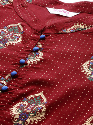 Myshka Maroon & Golden Ethnic Motifs Printed Cotton Maxi Dress - Distacart