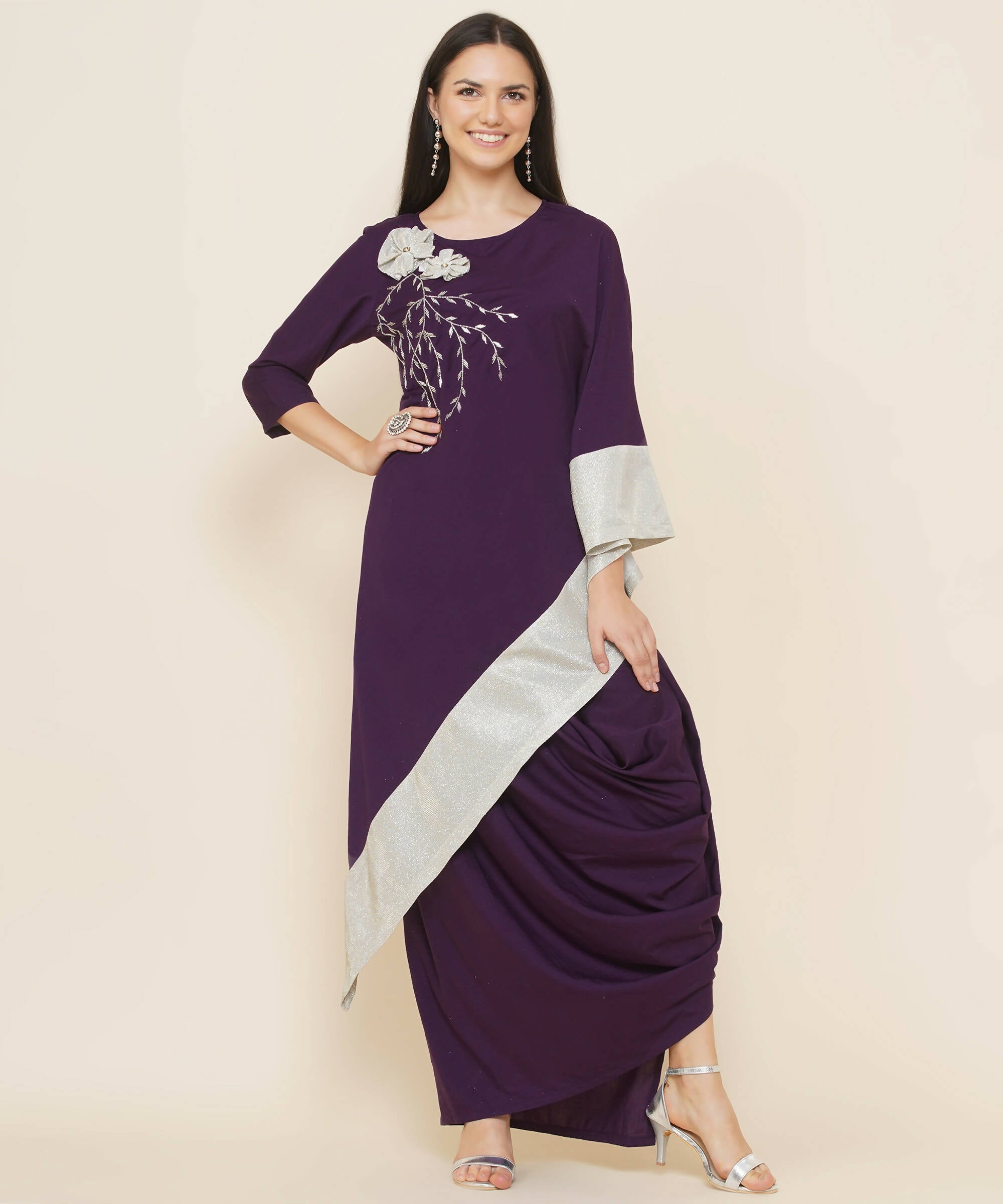 Women Republic Purple Assmetrical Kurta With Cowl Dhoti - Distacart