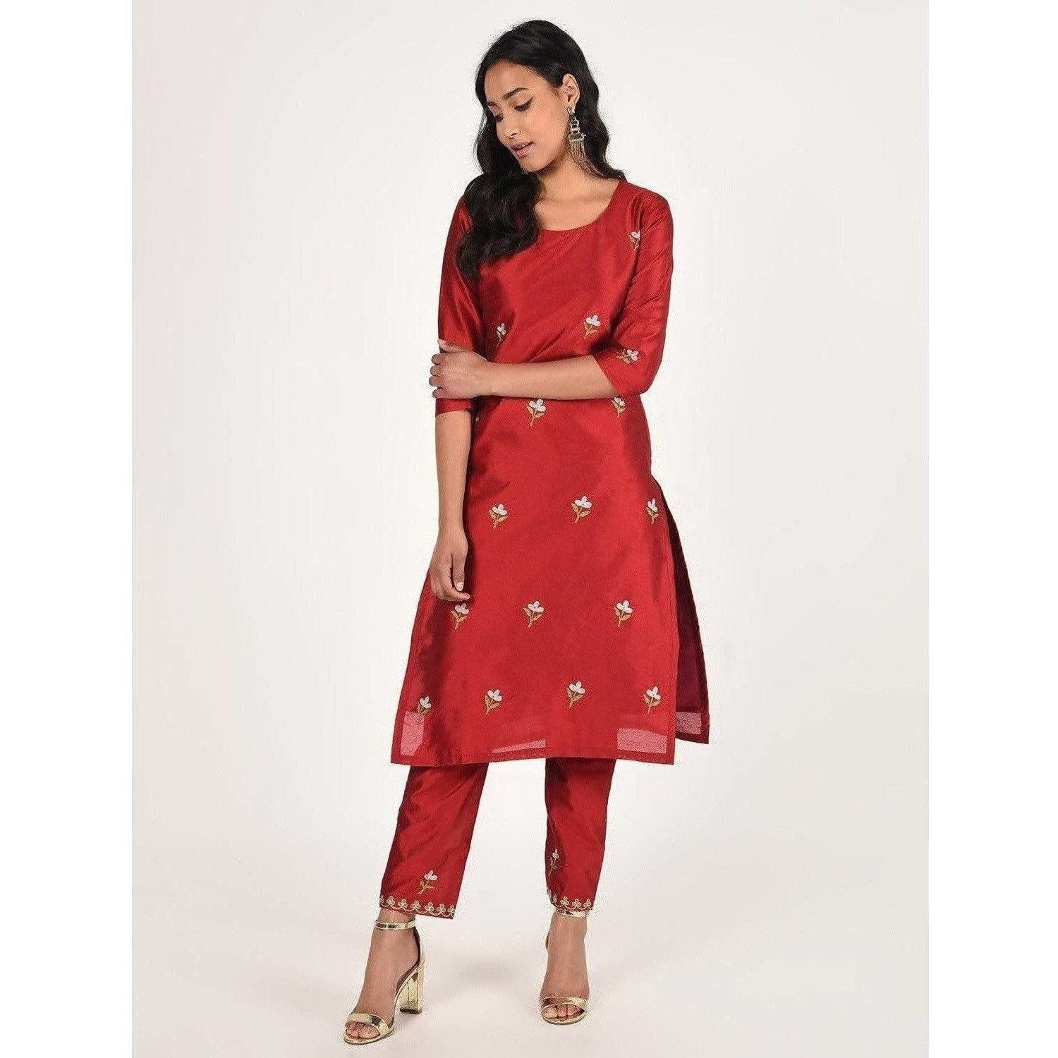 Cheera Women's Beautiful Hand Embroidered Motif All-Over Straight Silk Kurta (CH070K)