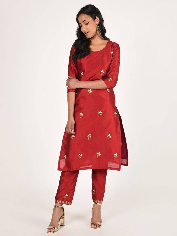 Cheera Women's Beautiful Hand Embroidered Motif All-Over Straight Silk Kurta Set (CH069K)