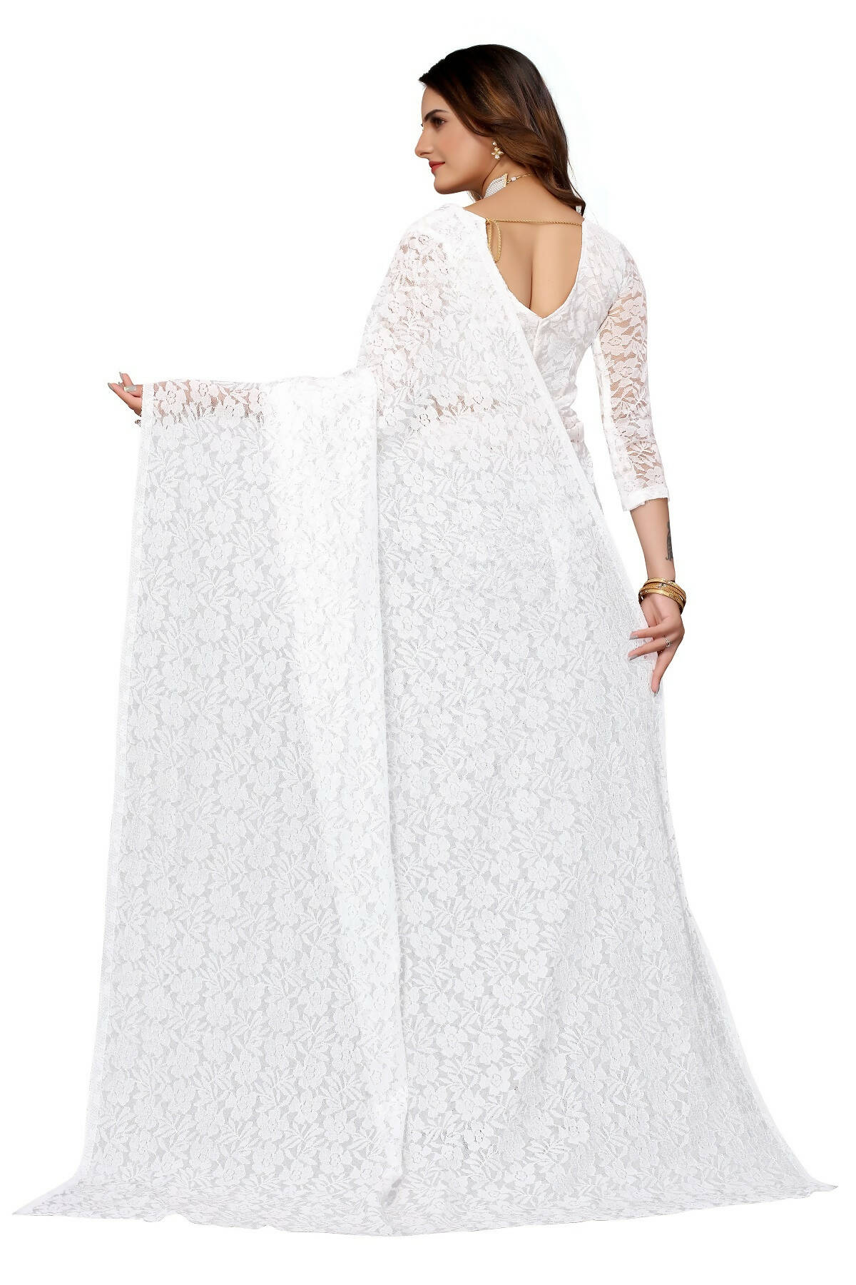 Vamika White Pearls Net Saree - Distacart