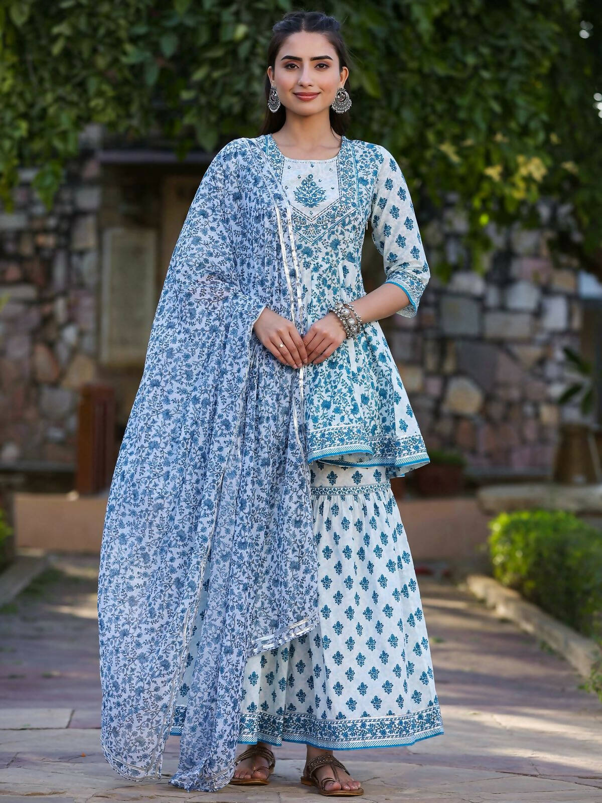 Juniper Women's Blue Cotton Cambric Floral Placement Printed Anarkali Kurta Sharara & Dupatta Set - Distacart