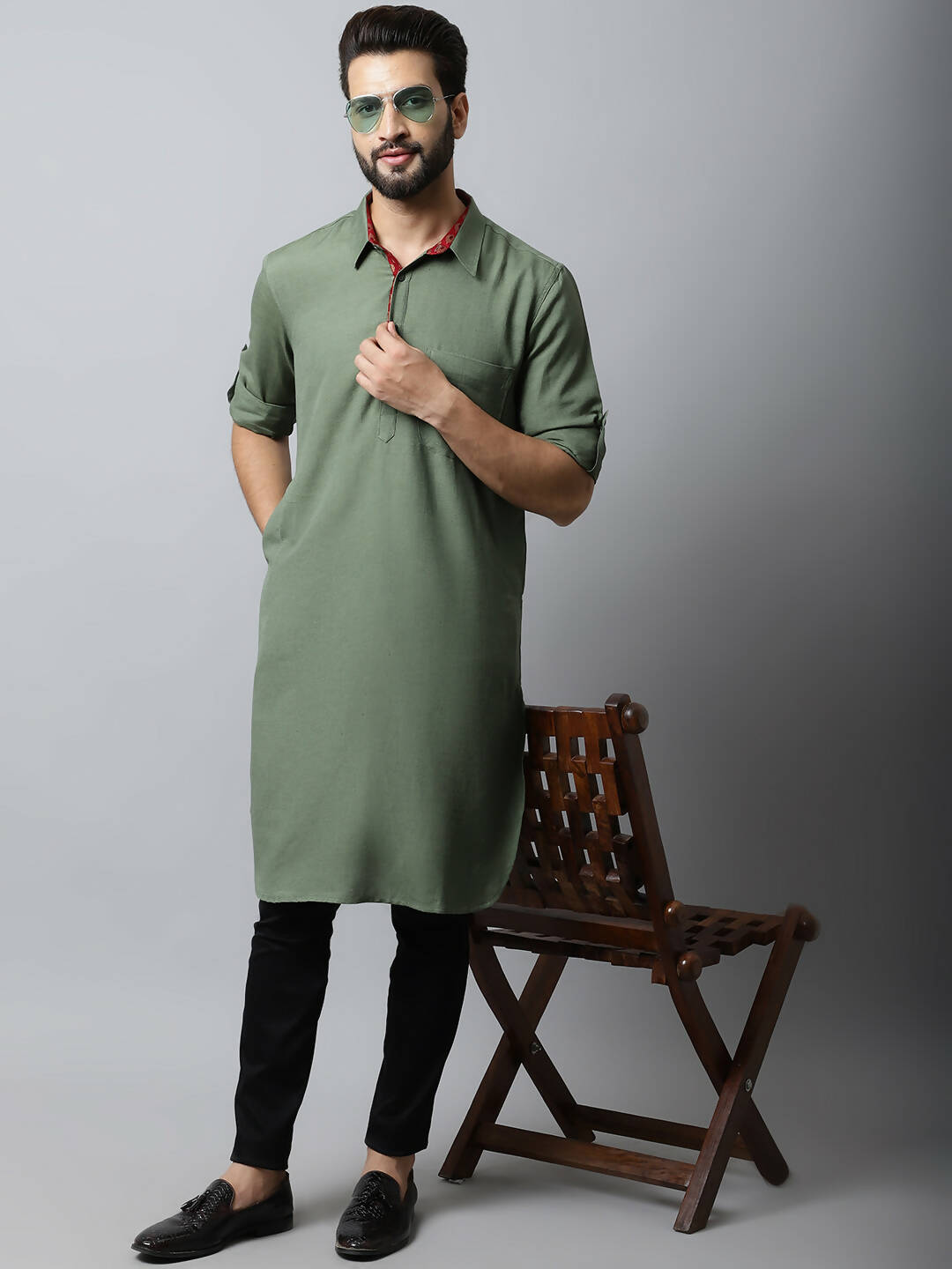 Even Apparels Green Color Linen Solid Men's Kurta With Shirt Collar (LN944) - Distacart