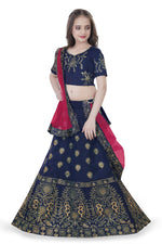 Thumbnail for Dwiden Navy Blue Gulab Tafetta Sattin Semi-Stitched Girl's Lehenga Choli - Distacart