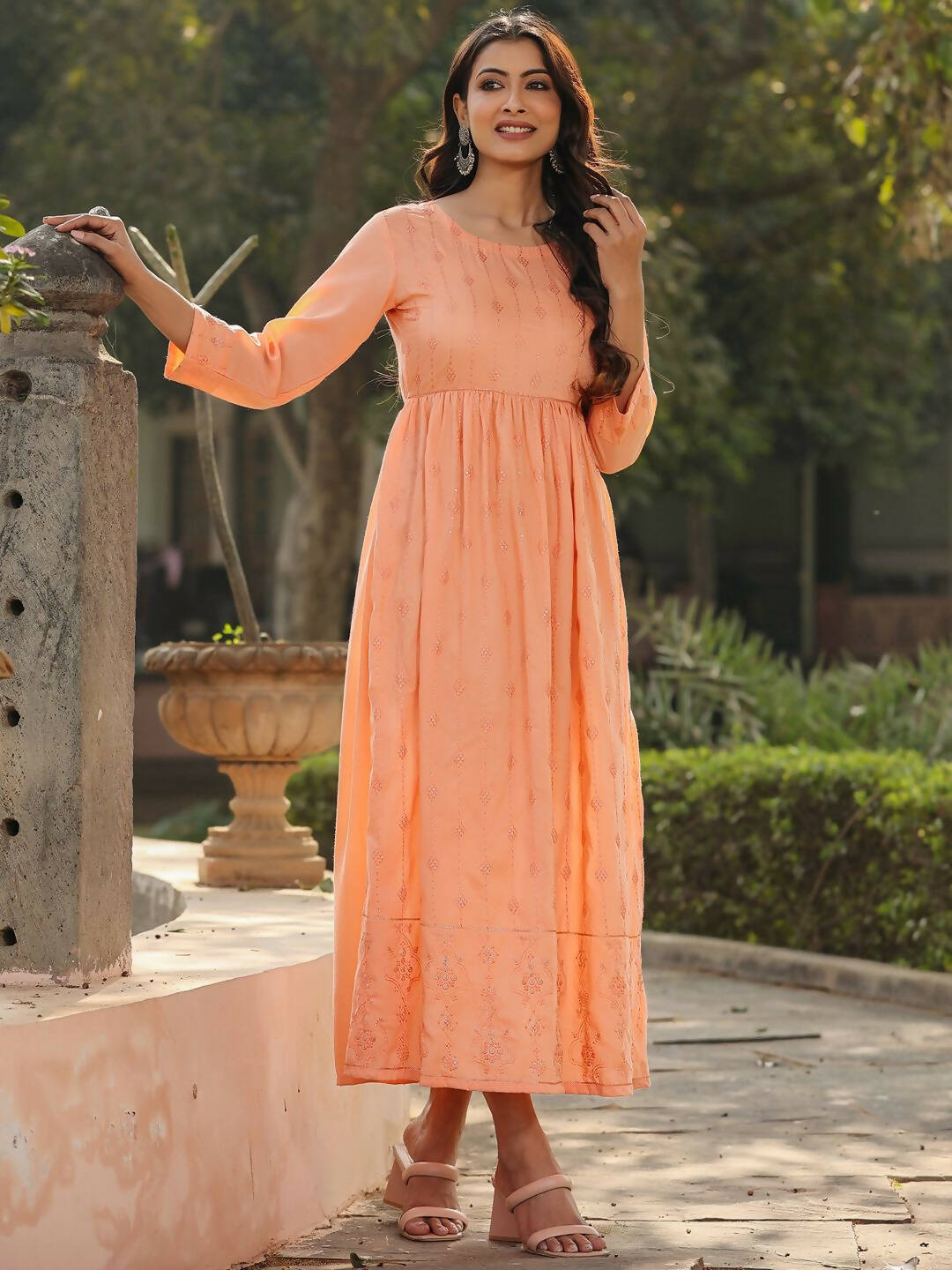 Juniper Women's Peach Festive Embroiderd Flared Dress - Distacart