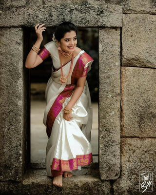 DEIANA'S Beautiful Golden Jari with New Design Soft Lichi Silk Saree - White - Distacart