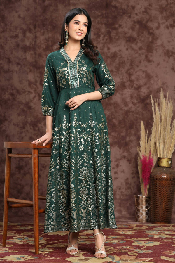 Juniper Women Jadegreen Rayon Printed Anarkali Dress - Distacart