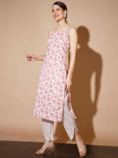 Myshka Women Pink Printed Kurta & Trousers - Distacart