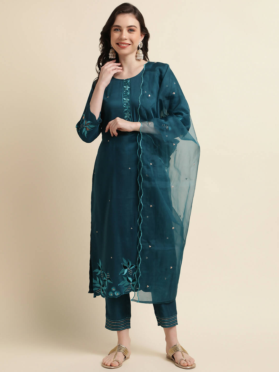 Teal Chinon Silk Embroidered Straight Kurta with Trouser & Dupatta - Salimar - Distacart