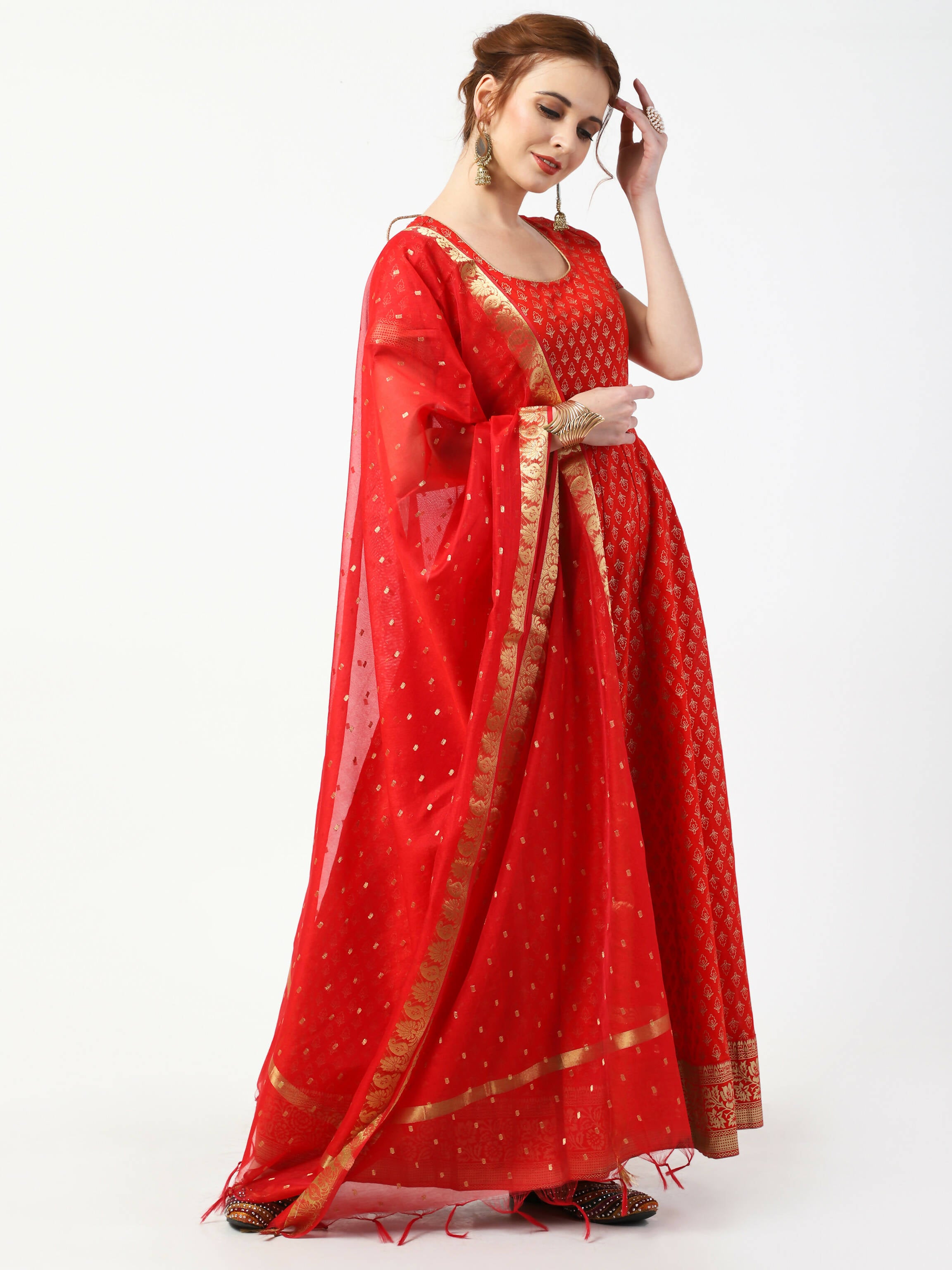 Cheera Women's Red Cotton Hand Block Print Long Dress With Silk Dupatta Set - Distacart