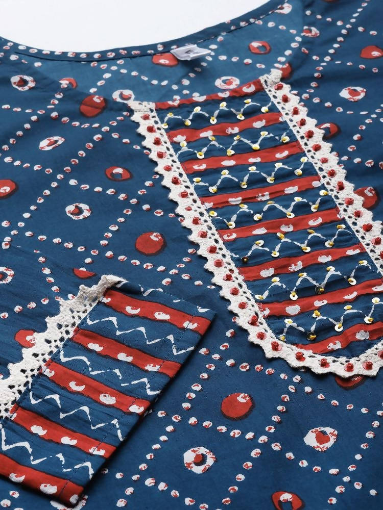 Yufta Women Blue & White Printed Pure Cotton Kurta with Palazzo & With Dupatta