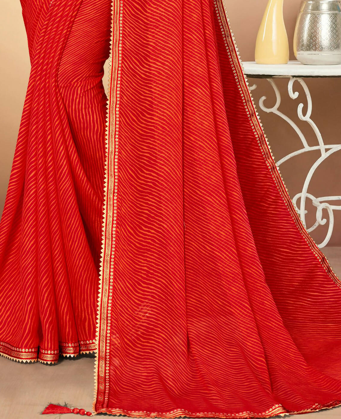 Red Chiffon Leheriya Printed Saree With Unstitched Blouse Piece - Swarna - Distacart