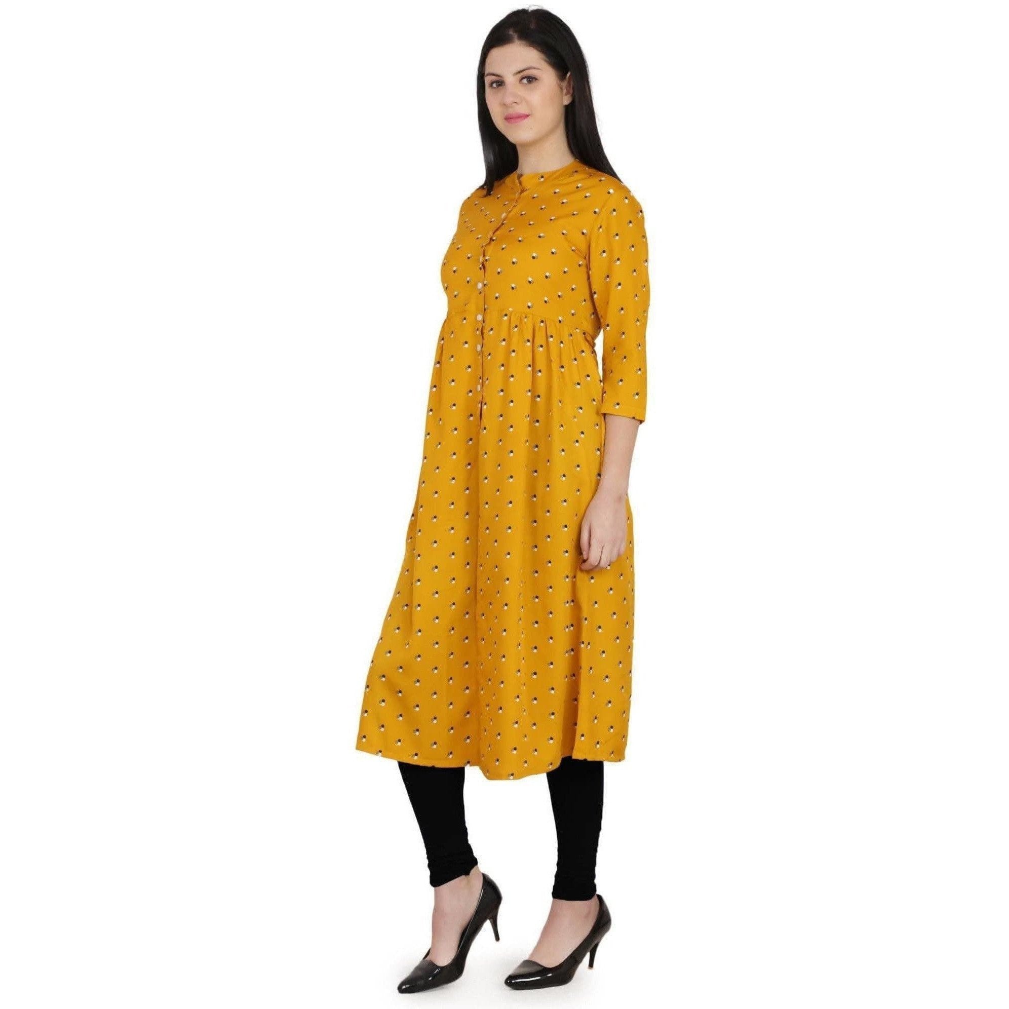 Kanoor Women's Yellow A line Round neck kurti