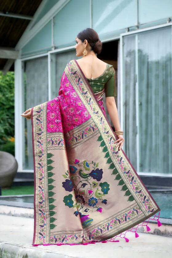 Vishnu Weaves Women's Pink Paithani Patola Silk Zari Woven Saree with Unstitched Blouse - Distacart