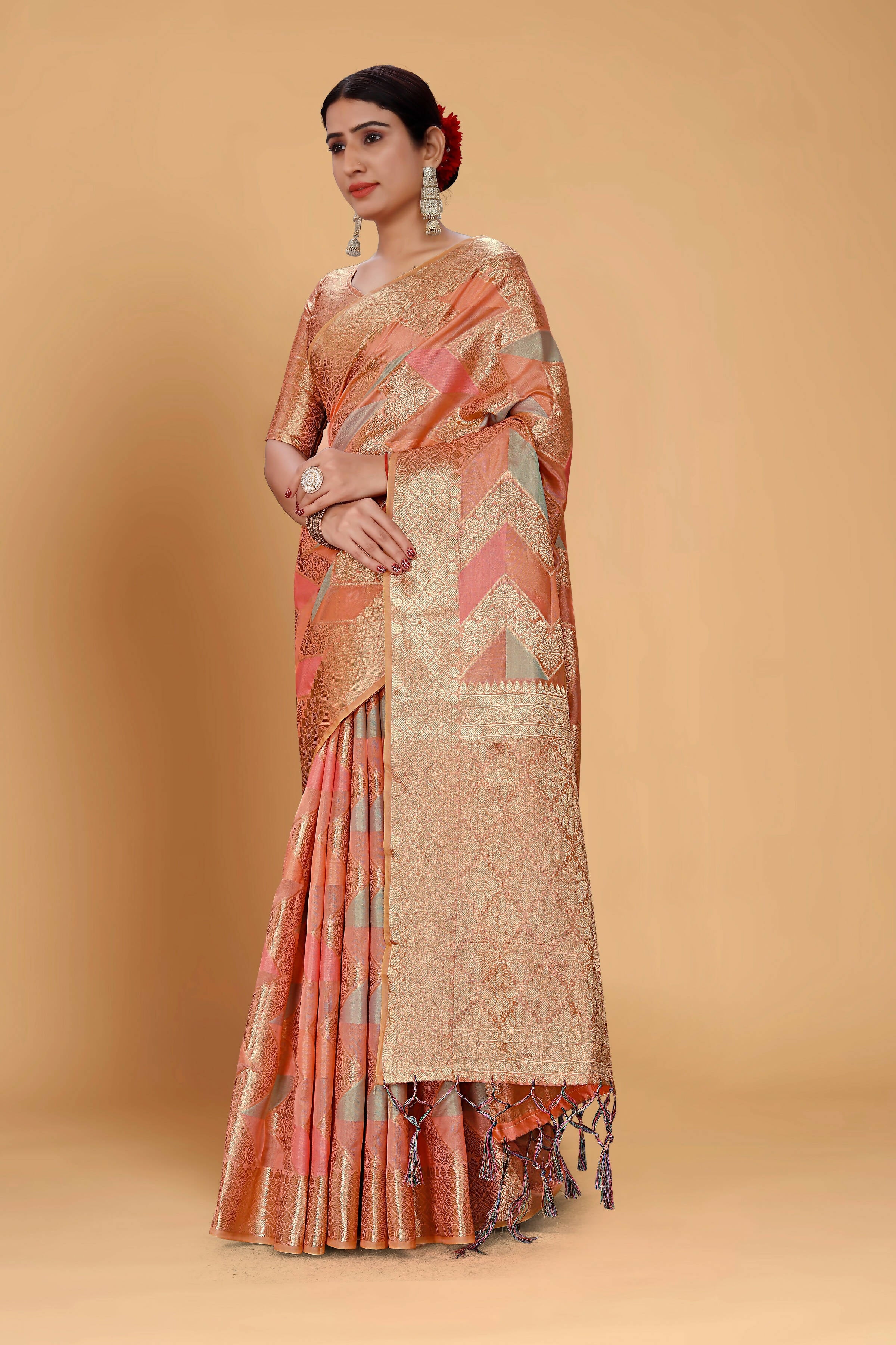 Peach Soft Organza Woven Design Saree With Unstitched Blouse Piece - Zaara - Distacart