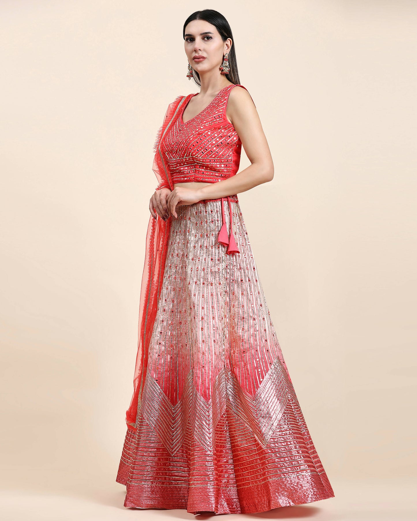 Red Organza Mirror With Coding Work Lehenga Choli with Dupatta - Tanya - Distacart