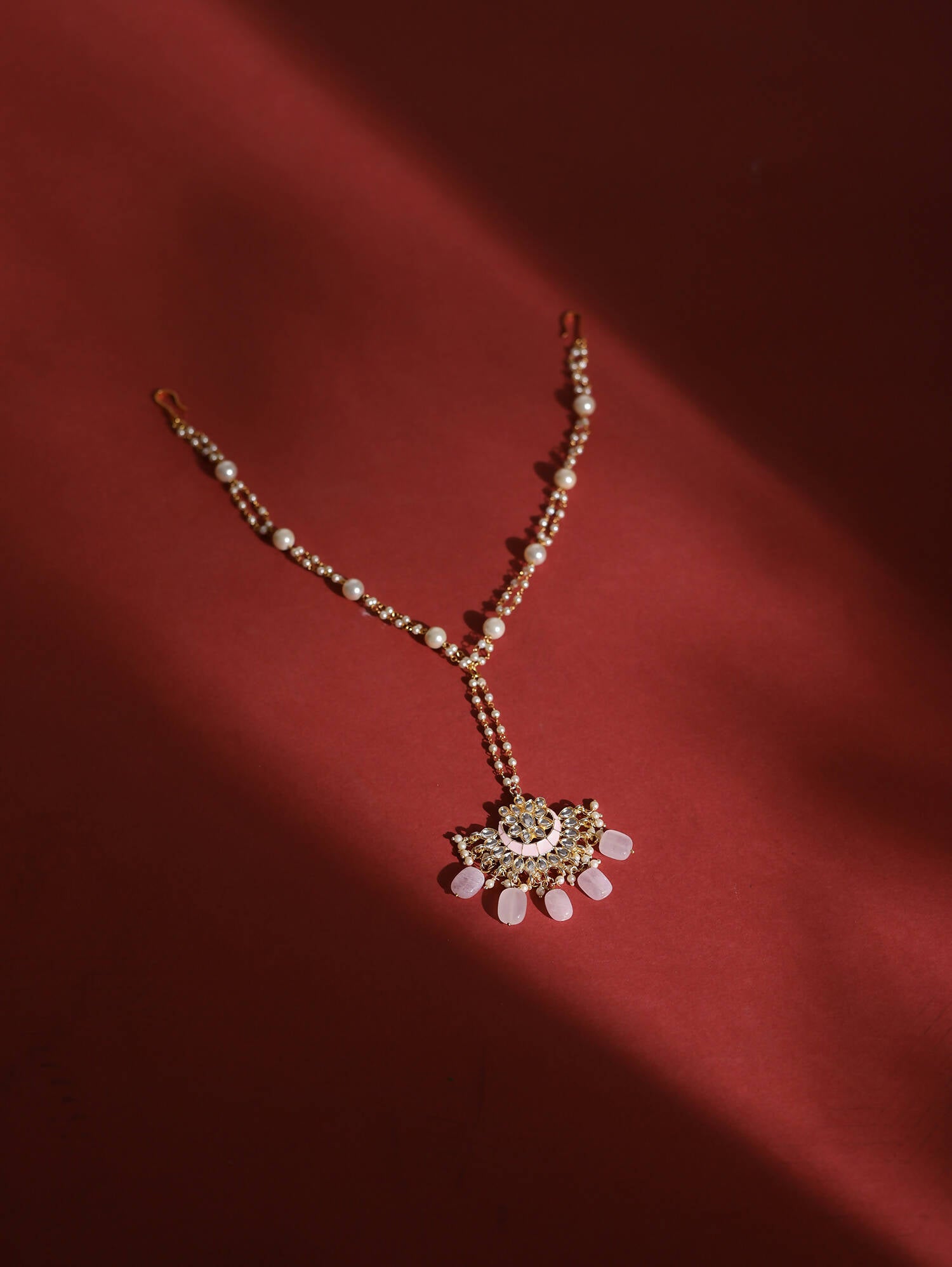 Gold-Plated White Kundan-Studded Pearl Beaded Matha Patti - Ruby Raang - Distacart