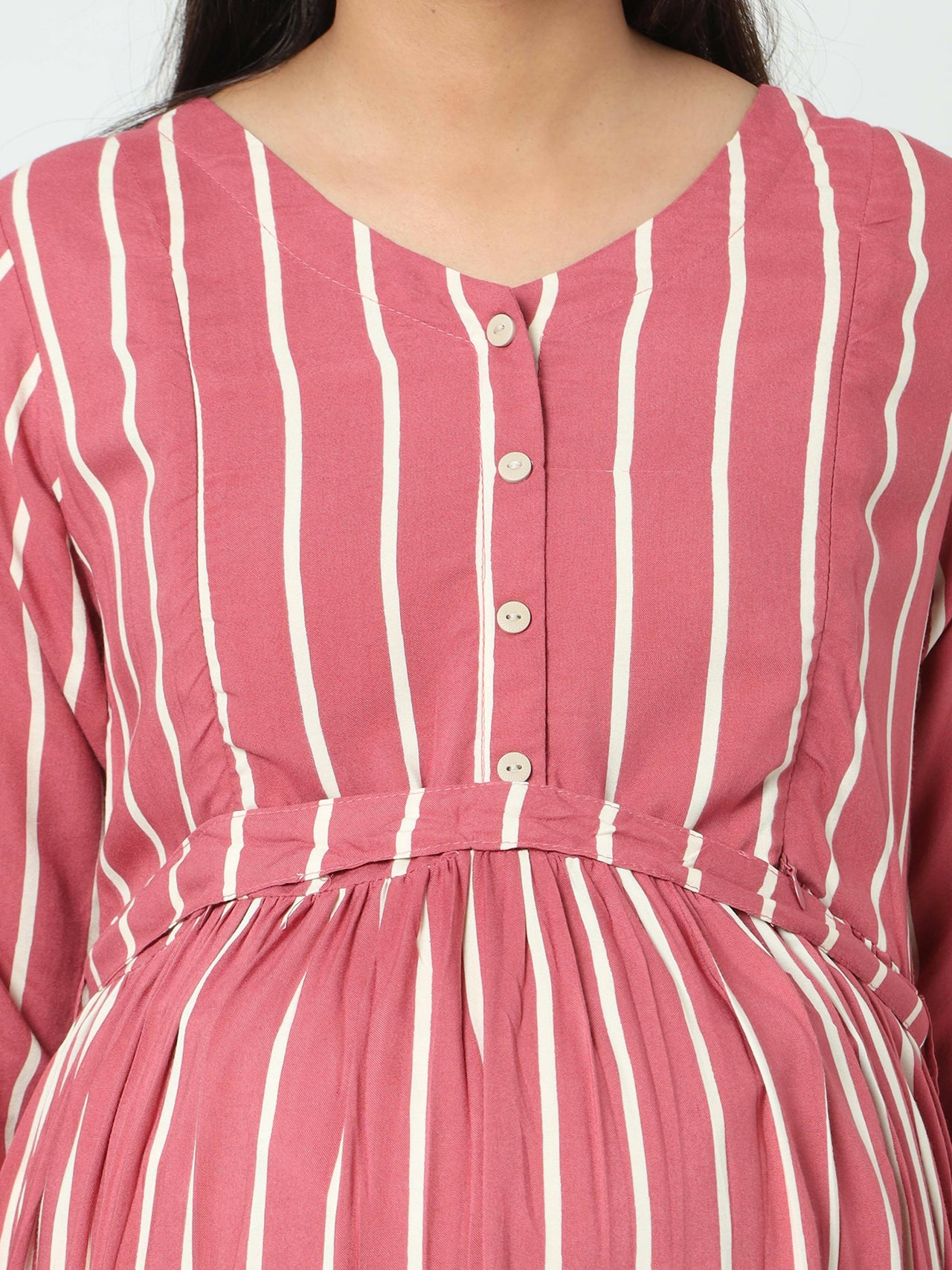 Manet Three Fourth Maternity Dress Striped With Concealed Zipper Nursing Access - Pink - Distacart