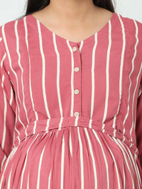 Thumbnail for Manet Three Fourth Maternity Dress Striped With Concealed Zipper Nursing Access - Pink - Distacart