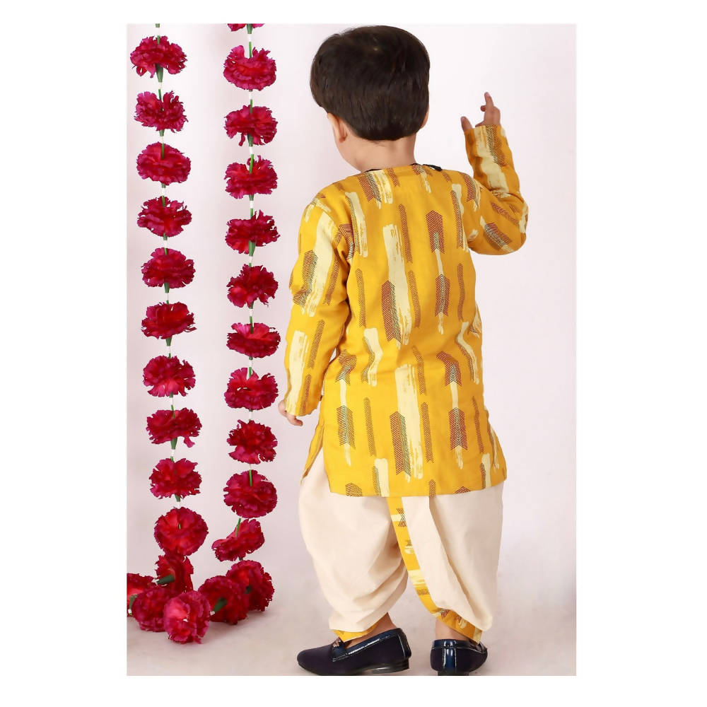 Little Bansi Yellow and Cream Color Feather print Kurta and Dhoti
