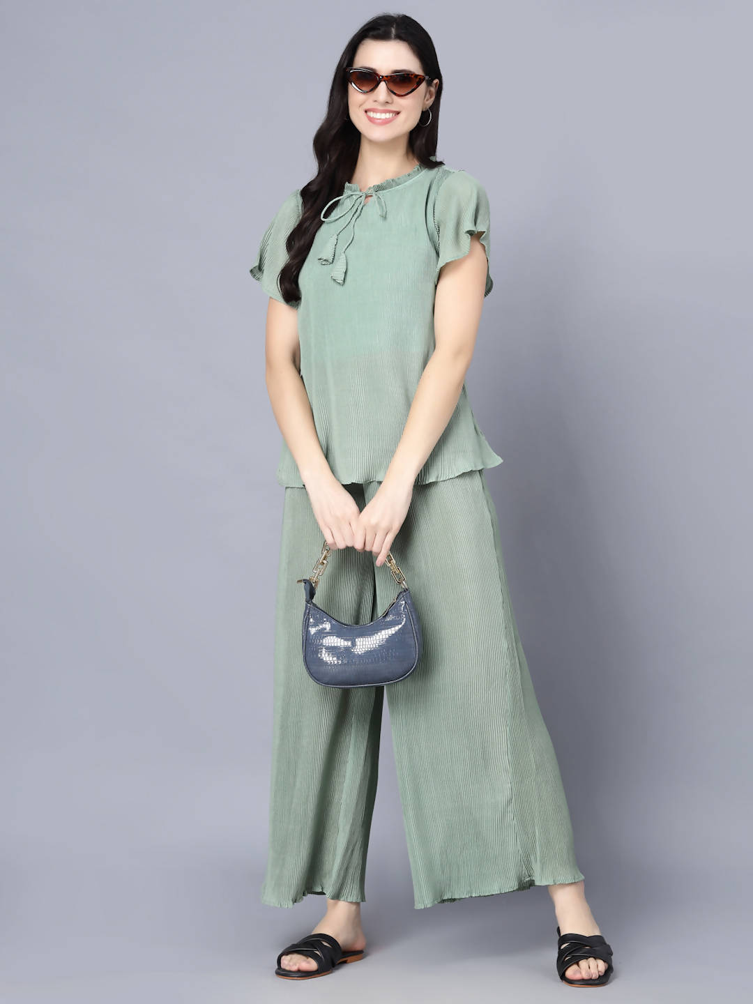 Myshka Women Green Top with Palazzos - Distacart