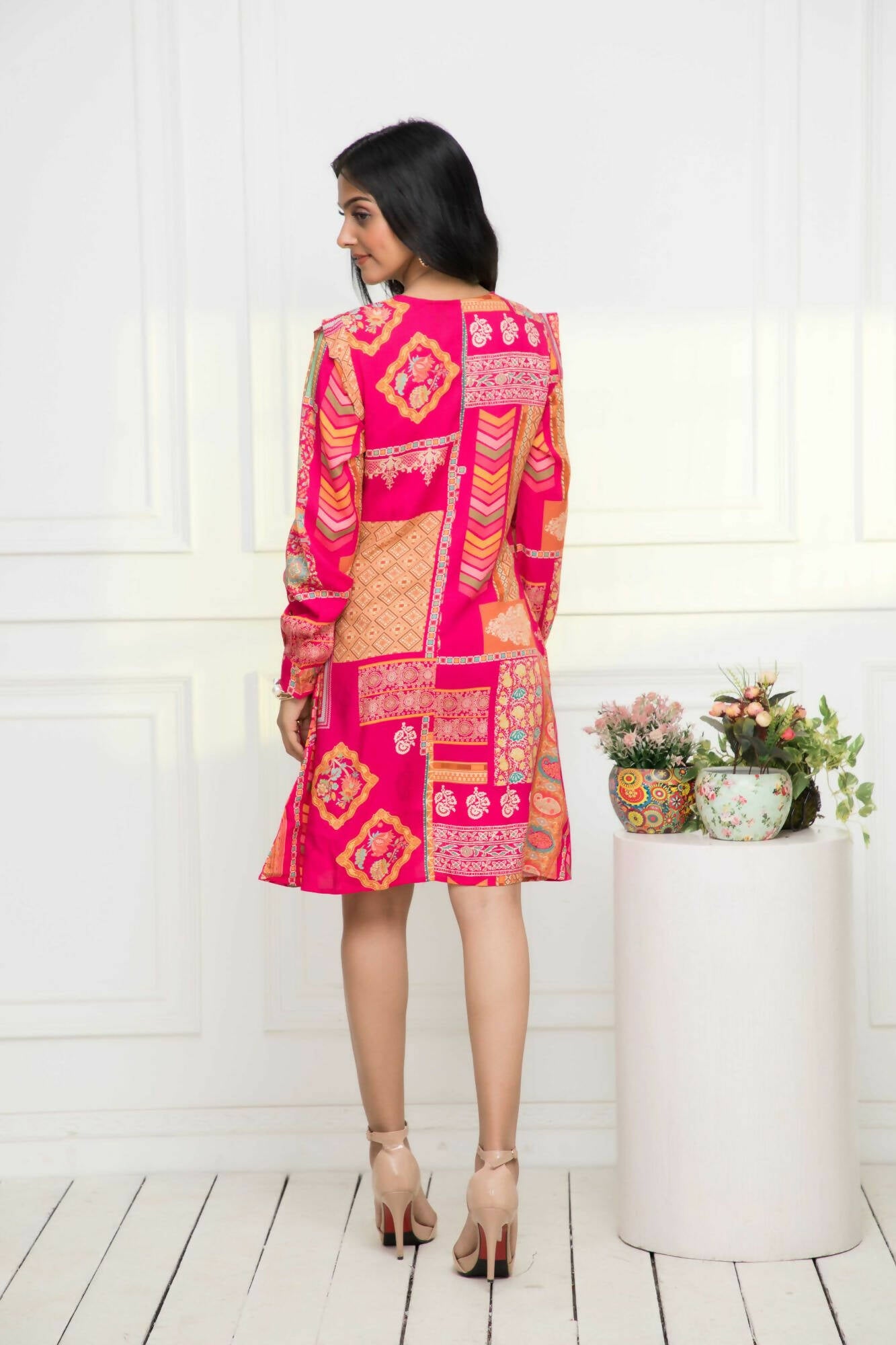 Myshka Women Red Geometric Rayon A-Line Round Neck Dress - Distacart