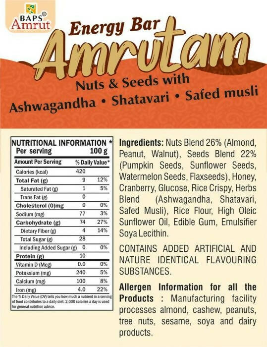 Baps Amrut Energy Bar Amrutam (Nuts & Seeds With Ashwagandha , Shatavari , Safed Musli) - Distacart