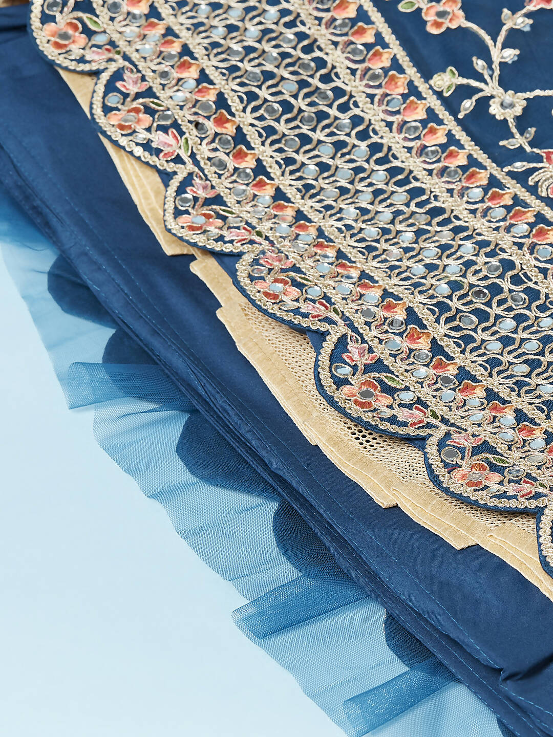 House of Panchhi Teal Net Semi stitched Coding and Mirror Work Lehenga Choli - Distacart