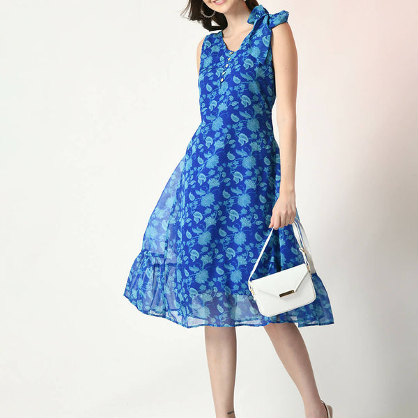 Myshka Women's Blue Fit and Flare Printed Dress - Distacart