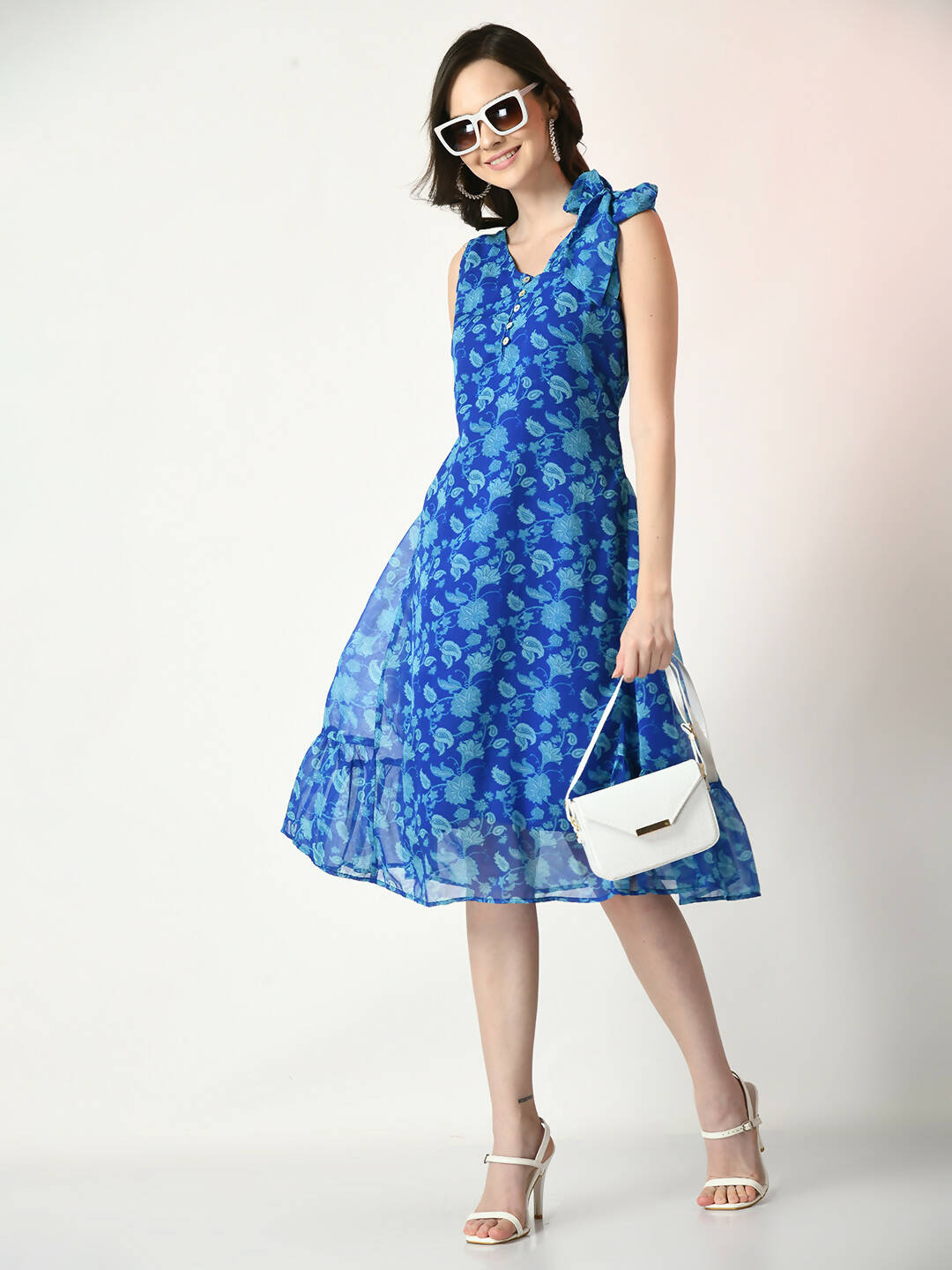 Myshka Women's Blue Fit and Flare Printed Dress - Distacart