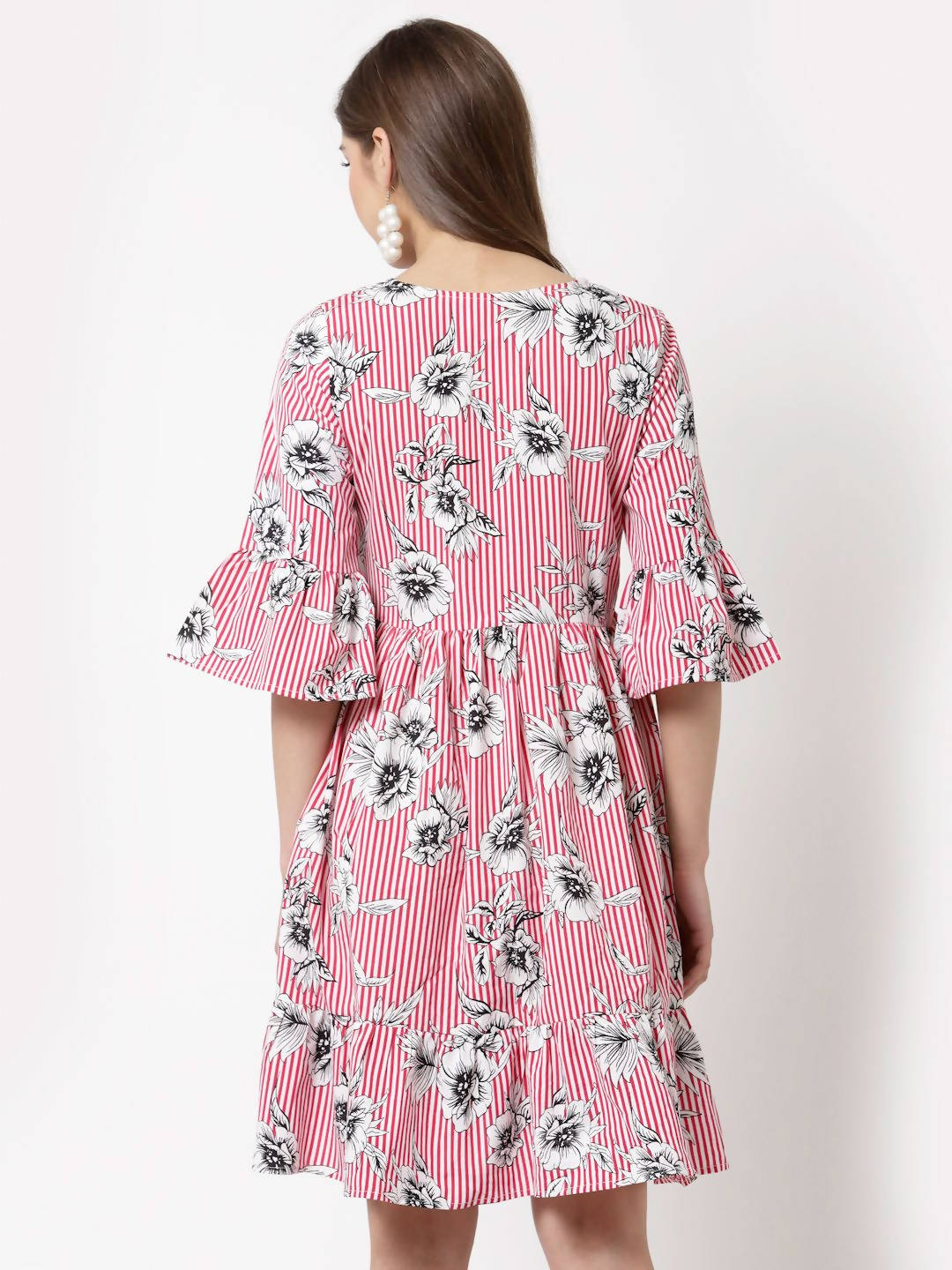 Myshka Women's Pink Poly Crepe Printed Bell Sleeve Round Neck Dress