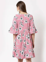 Thumbnail for Myshka Women's Pink Poly Crepe Printed Bell Sleeve Round Neck Dress