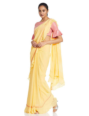 River Suneet Varma Designer Golden Haze Georgette Saree with Ruffle Detailing & Sequin Blouse Piece