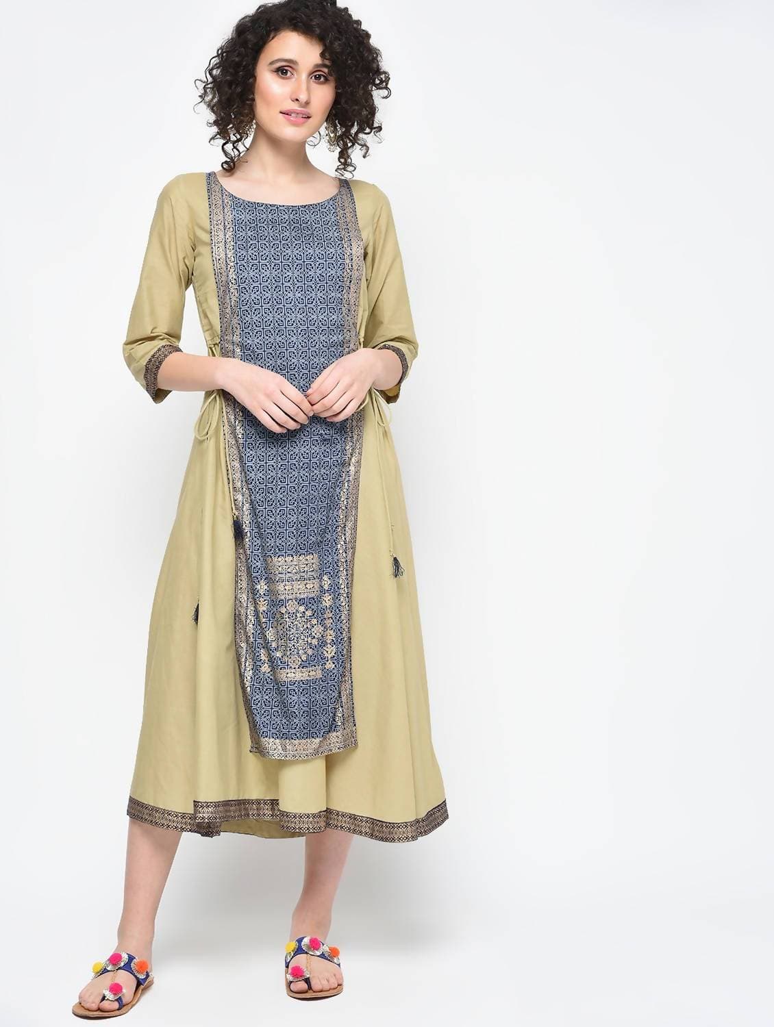 Cheera Hand Block Print Khaki Color Straight Kurta