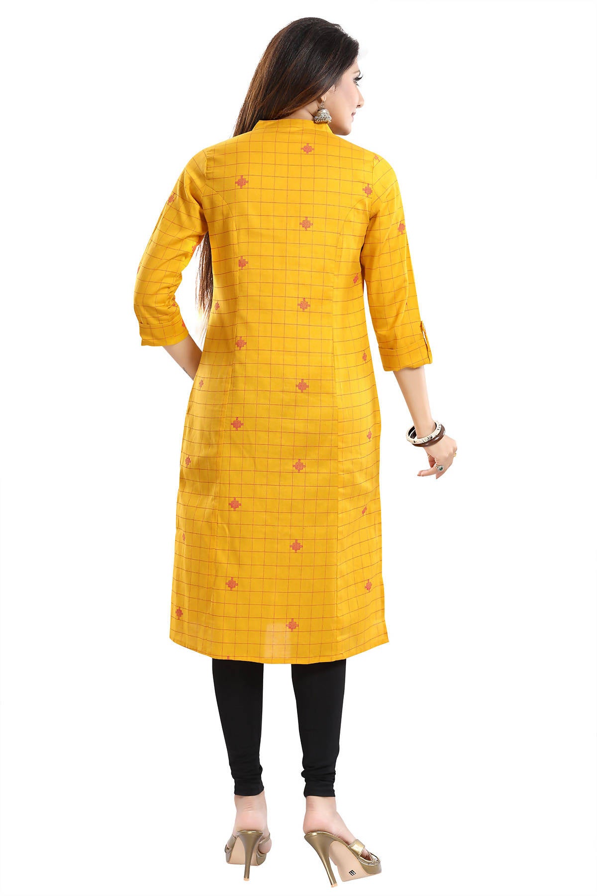 Snehal Creations Checkered Print Yellow Long Cotton Kurti - Distacart