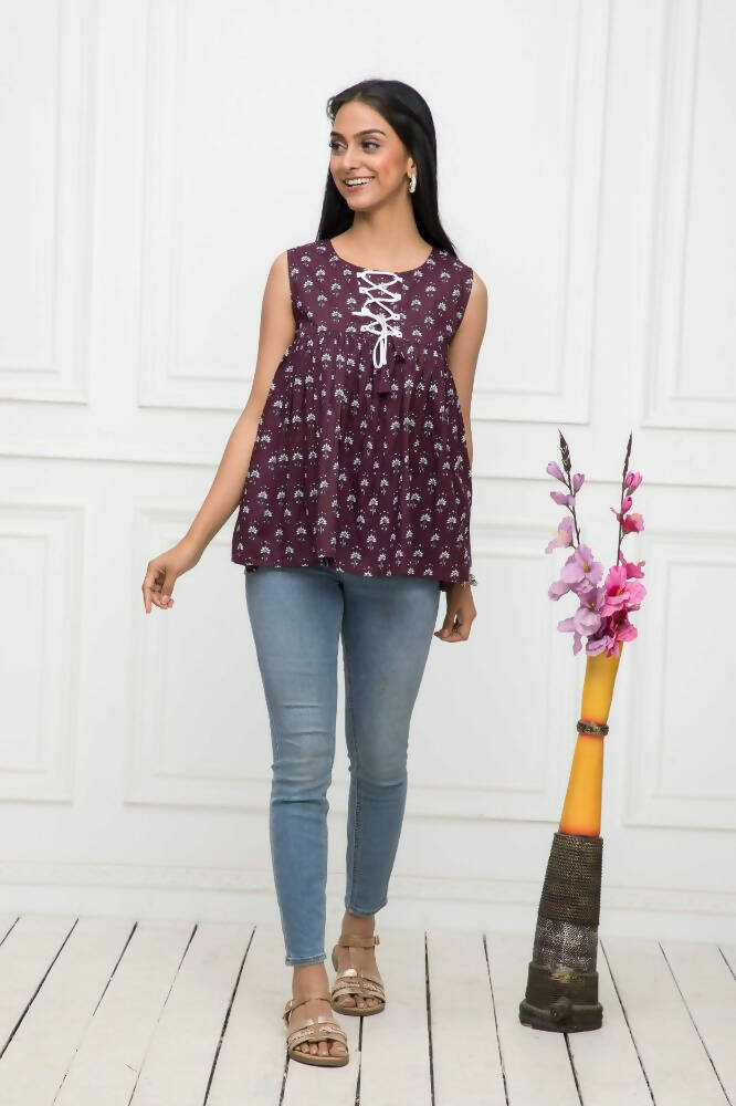 Myshka Women Brown Solid Round Neck No Sleeves Pure Cotton Top - Distacart