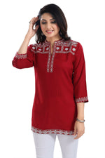 Thumbnail for Snehal Creations Rosy Red Women Embroidered Boho Chic Tunic Top - Distacart