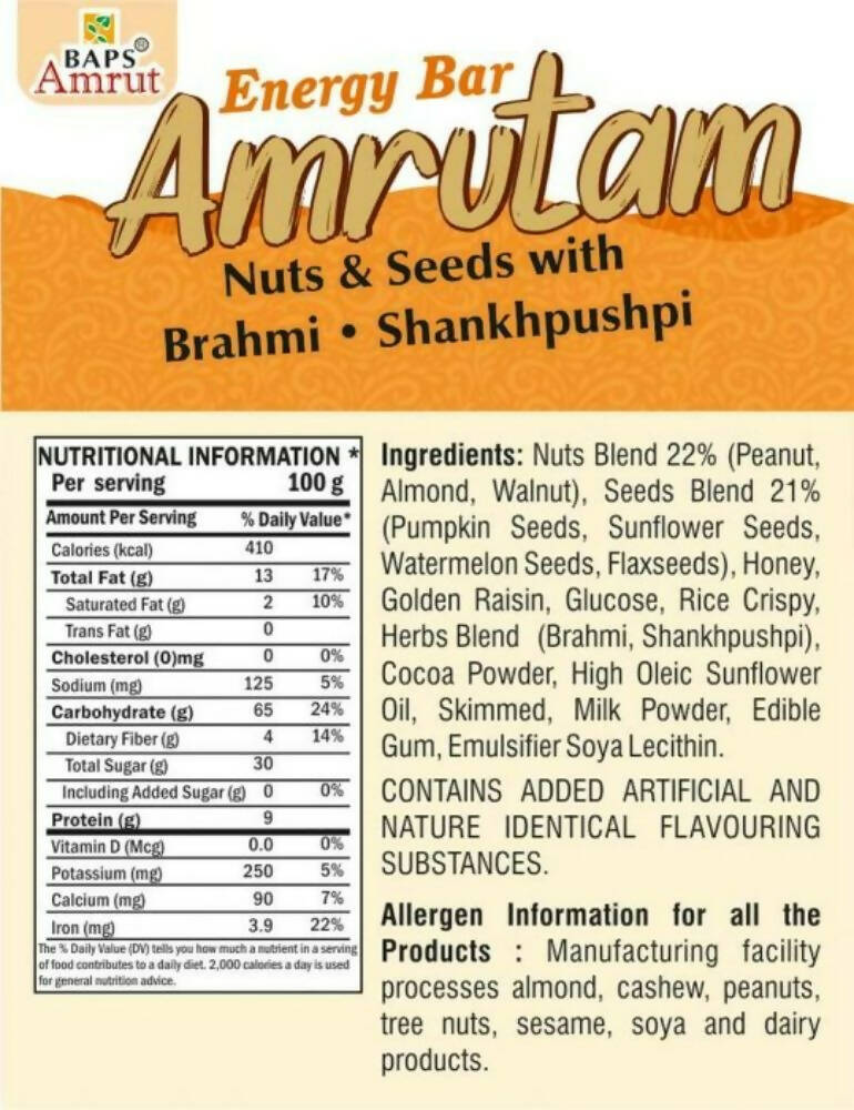 Baps Amrut Energy Bar Amrutam (Nuts & Seeds With Brahmi • Shankhpushpi) - Distacart