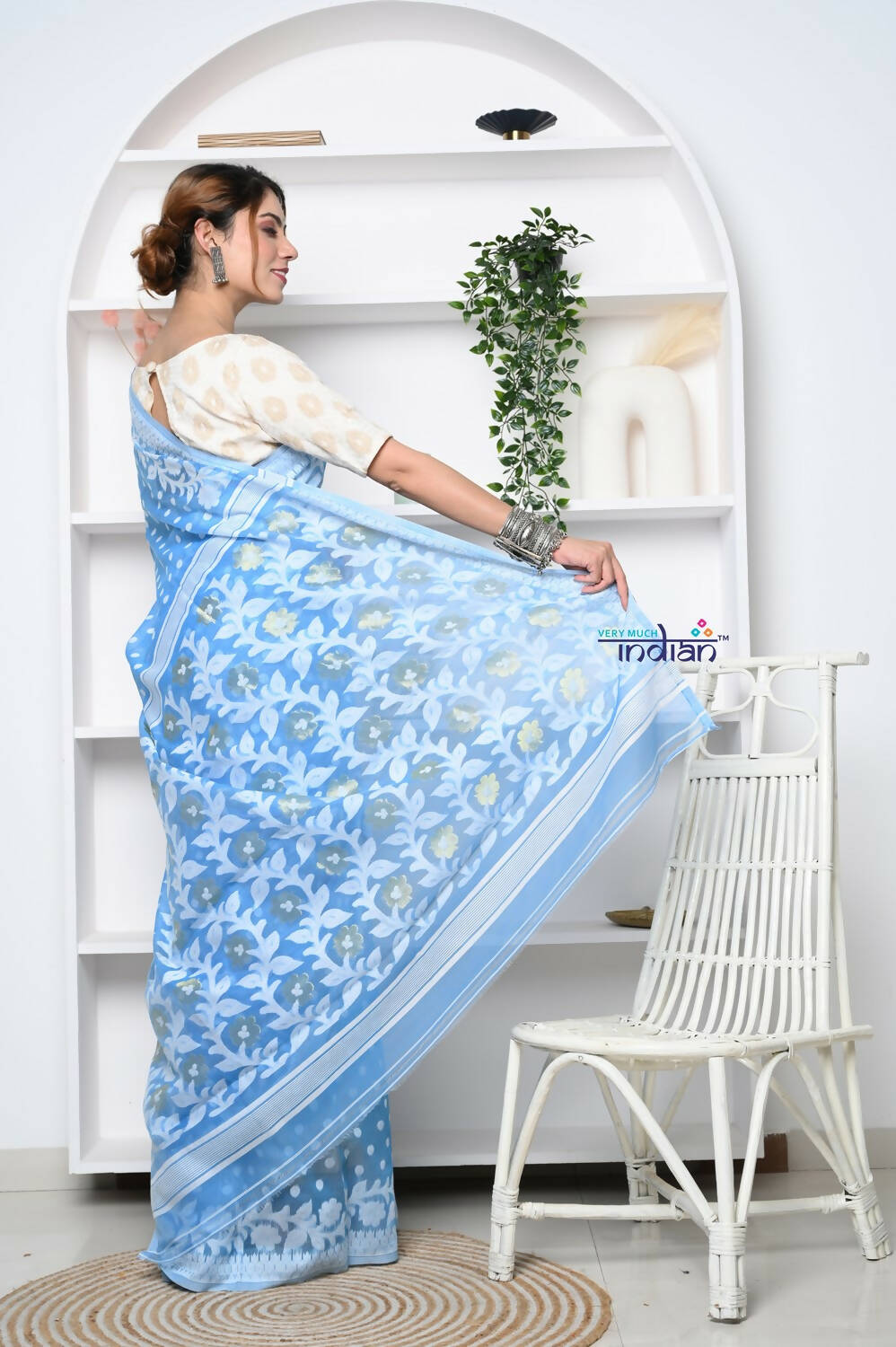 Very Much Indian Jamdhani Cotton Saree - Powder Blue - Distacart
