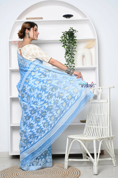 Very Much Indian Jamdhani Cotton Saree - Powder Blue - Distacart