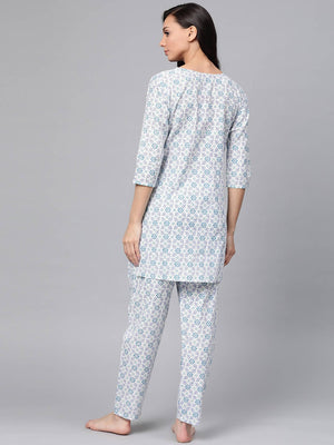 Anubhutee White & Blue Pure Cotton Printed Night suit - Distacart