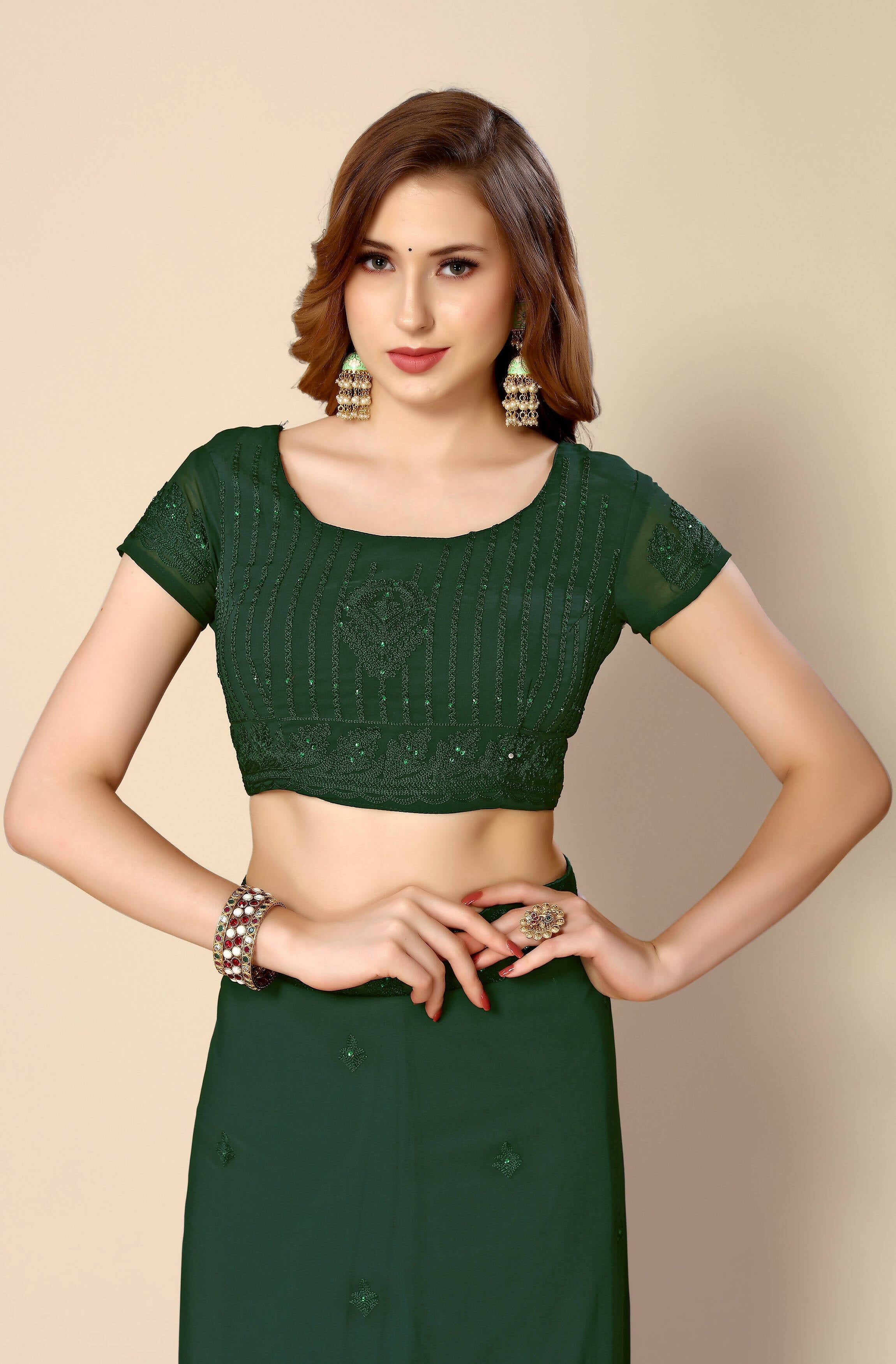 Green Georgette Embroidered and Stone Work Saree with Unstitched Blouse Piece - Roozal - Distacart
