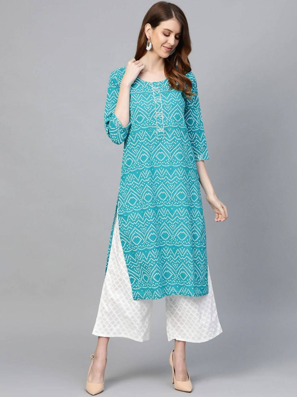 Vamika Sky Blue Printed Cotton Party/Casual Wear Kurta Set/Suit