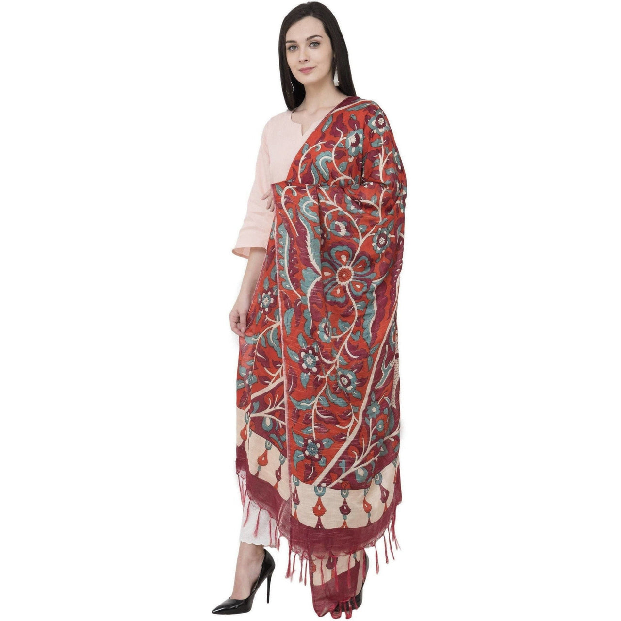 A R Silk Modal Kalamkari Print Fancy Dupatta Color Mehroon Dupatta or Chunni