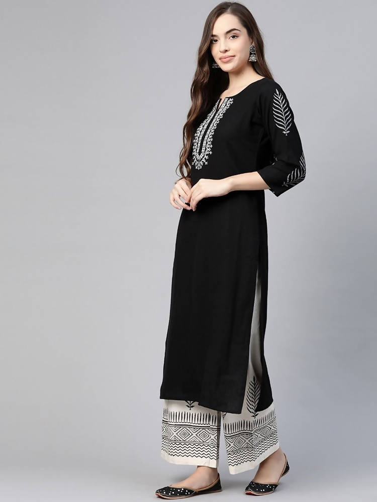 Yufta Women Black & White Yoke Design Thread Work Cotton Kurta with Palazzo & Dupatta