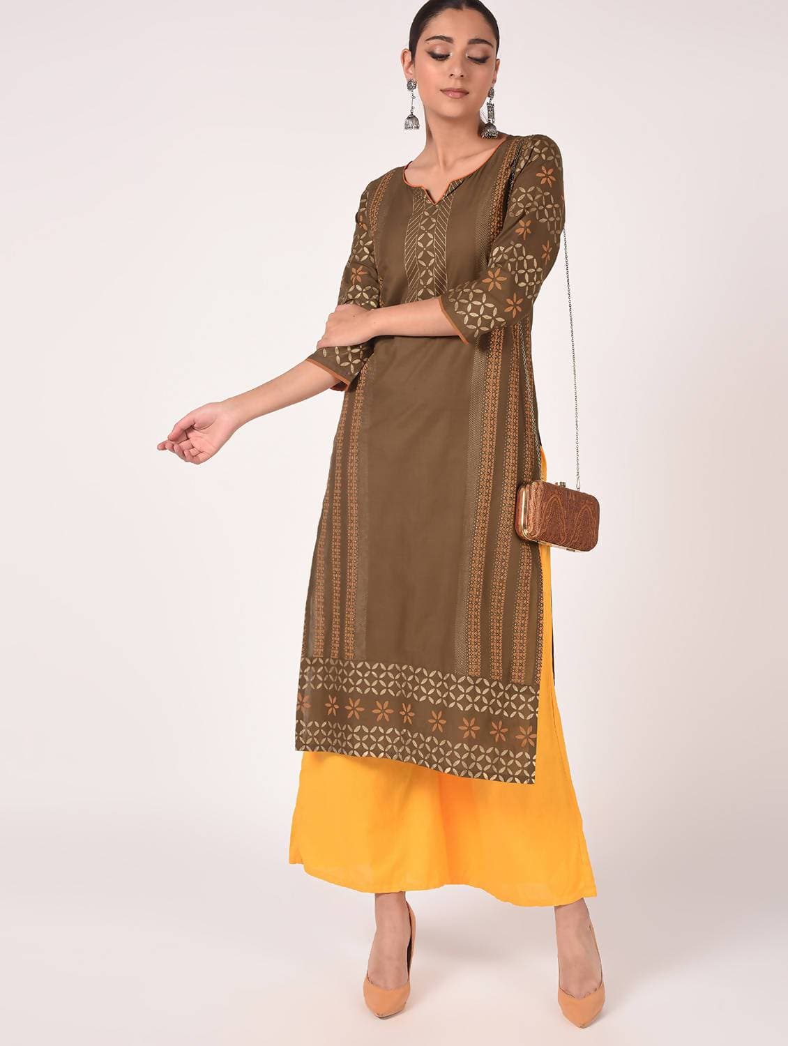 Cheera Hand Block Print Earth Brown & Yellow Straight Kurta With Palazzo (MAAI-086K)