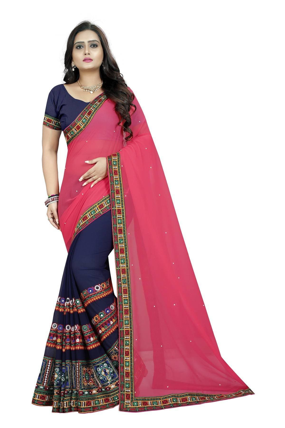Vamika Blue & Peach Georgette Designer Saree